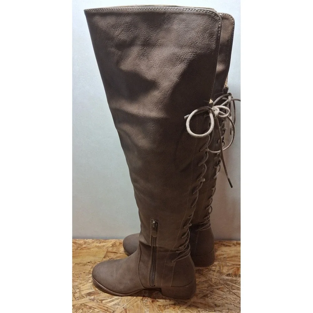 Brinley Co Womens Taupe Brown Over The Knee Lace Up Back Boots Size 6